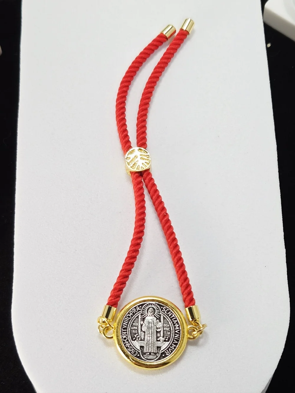 St. Benedict Red Cord Bracelet Adjustable 18K Gold Plated Medal Protection Faith